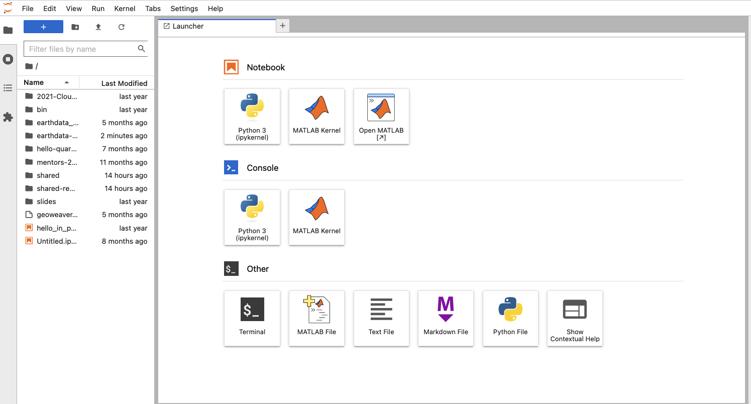 screenshot of JupyterHub interface launch page, with MATLAB kernel options